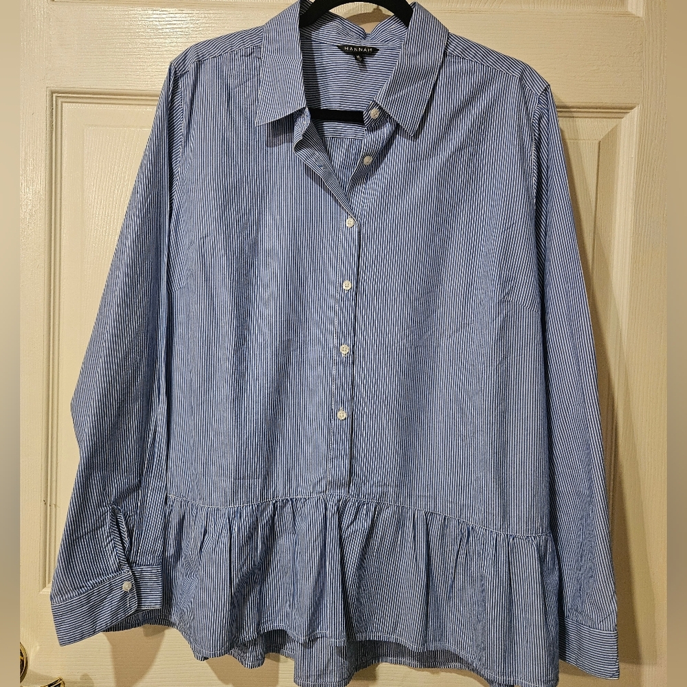 Hannah Navy Pinstripe Ruffle Hem Shirt